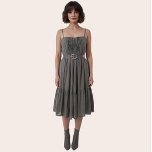 Gap Vintage Sandy Taupe Drop Waist Pleated Strappy Midi Dress (Belt Not Included